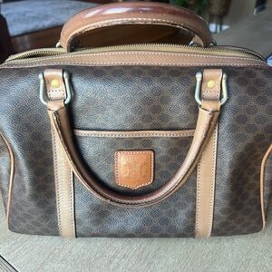 Celine Brown Coated Canvas & Tan Leather Duffel Bag